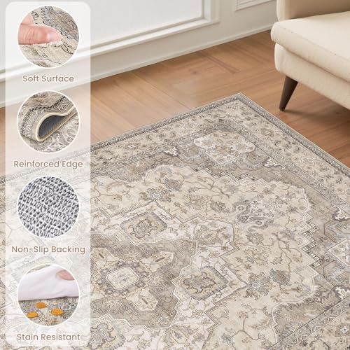 EIEIHOUSE 7x9 Rectangular Washable Vintage Area Rug for Living Room Brown/Multi