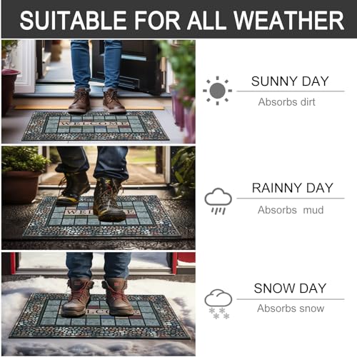 Heavy Duty Outdoor Door Mat - 24 x 36 Inch Non Slip Rubber Entry Rug in Blue Variation