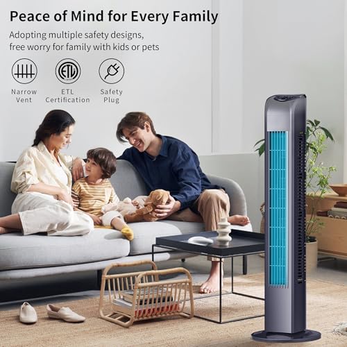 Uthfy Black Oscillating Tower Fan with Remote, 3 Modes & 3 Speeds, 7.5H Timer, Quiet Cooling for Bedroom & Living Room