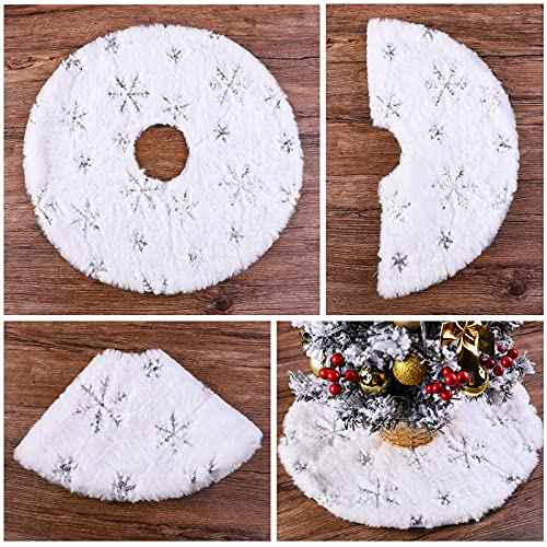 URATOT 2 Pack 15 Inches Mini Christmas Tree Skirt White with Silver Snowflake Tree Mat Faux Fur Plush Xmas Tree Skirt for Christmas Holiday Party Indoor Outdoor Home Decoration