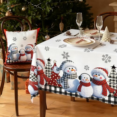 QIALETS 60x120 Inch Christmas Tablecloth, Snowman & Buffalo Plaid Tree Design, Water-Resistant