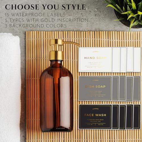 Amber Glass Soap Dispenser Set of 2 with Gold Pumps & Silicone Tray - 16.8 Oz