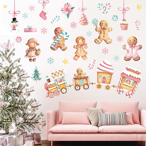 Whaline Christmas Wall Stickers Watercolor Pink Gingerbread Man House Candy Cane PVC Wall Decals for Winter Party Home Classroom Office Decoration, 2 Sheets