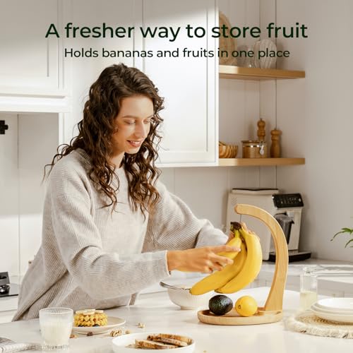 Bamboo Banana Holder with Fruit Tray - Extra Tall 12.9 Inch Stand, Natural Kitchen Organizer