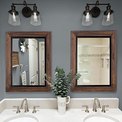 YOSHOOT Rustic Wooden Framed Wall Mirror 32x24 Brown Farmhouse Decor