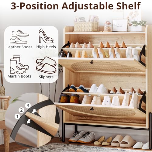 IRONCK Large Rattan Shoe Cabinet Storage with 2 Flip Drawers - Oak