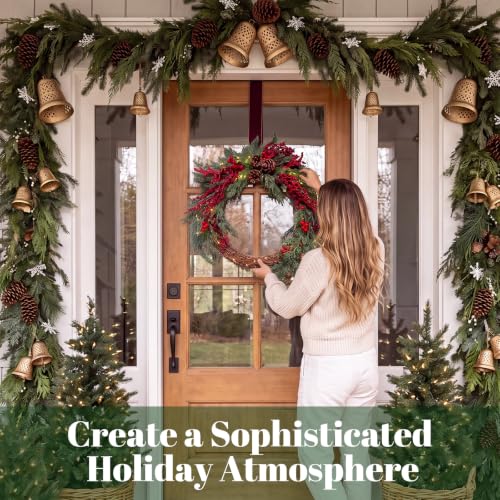 Yinder 20-Inch Red Berry LED Wreath with Rattan and Pinecones