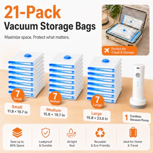 21 Pack Travel Vacuum Storage Bags with Rechargeable Pump - Clear Combo