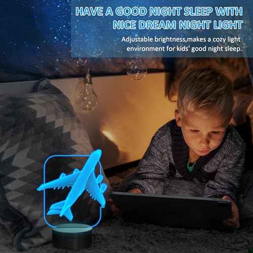 Aircraft Airplane 3D Night Light Kids Bedside Lamp 16 Colors Changing with Remote Control Xmas Halloween Birthday Gift for Child Baby Boy