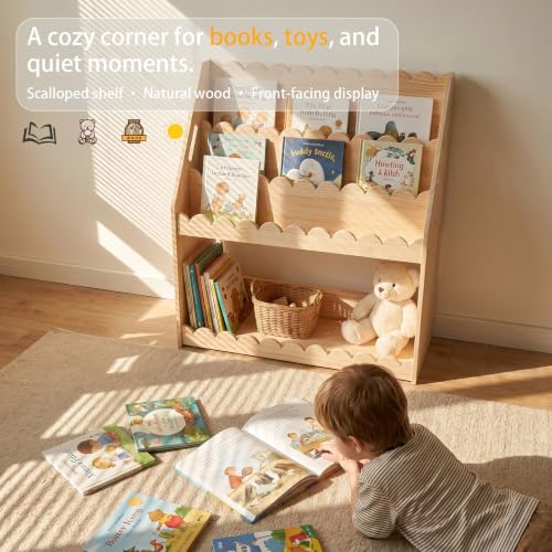 Kids Bookcase with 4-Tier Scalloped Design Montessori Toddler Wood Shelf