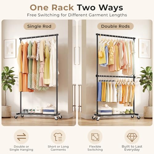 Black Double Rod Clothes Rack - 35-Inch Portable Garment Rack with Wheels
