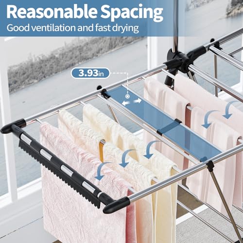 APEXCHASER Clothes Drying Rack with High Hanger - Silver, 2 Wings, 3-Level Adjustable