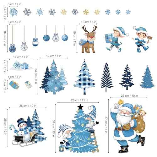 Decalmile Blue Santa Claus Christmas Window Wall Decals Pine Trees Reindeer Gnome Sticker Snowflake Snowman Clings Party Showcase Decorations