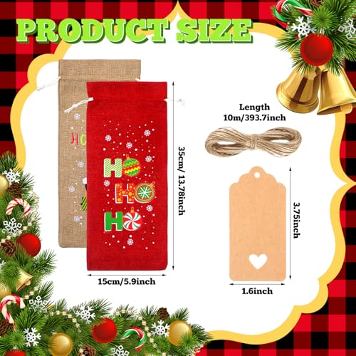 24 Pcs Christmas Burlap Wine Bags with Tags & Drawstrings - 5.9 x 13.8in