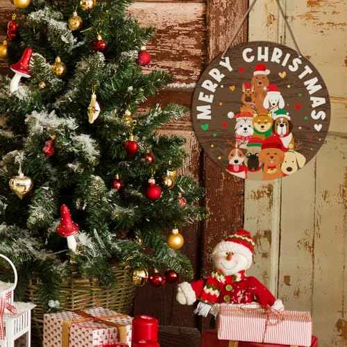 Merry Christmas Dog Sign Decor, Christmas Sign for Front Door Porch Home Xmas Holiday Hanging Sign Decorations Farmhouse Paw Tree Dog Owner Christmas Wooden Wall Sign