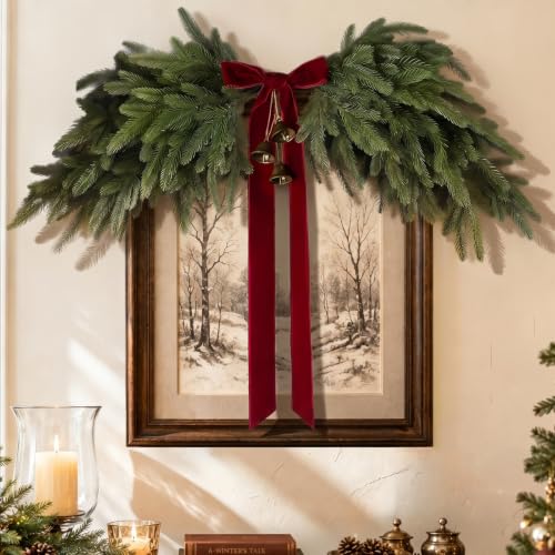 Christmas Garland with Red Velvet Bow and Bells, Artificial Pine