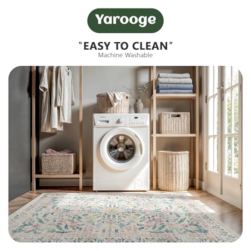 8x10 Pink Bloom Floral Area Rug - Machine Washable Low Pile Boho Rug with Non-Slip Backing, Rectangular