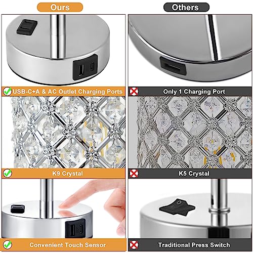 Silver Crystal Lamps Set of 2 - 3-Way Dimmable Touch Nightstand Lamps - Upgrade USB Charging