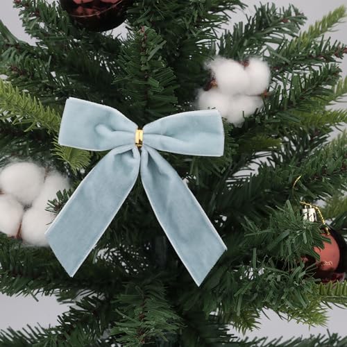 Christmas Velvet Bows Light Blue 24 Pack ? 3.5 Inch Holiday Tree Ornaments with Twist Tie Decorative Ribbon Bows for Christmas Tree, Wreath, Gift Wrapping & Party Decoration