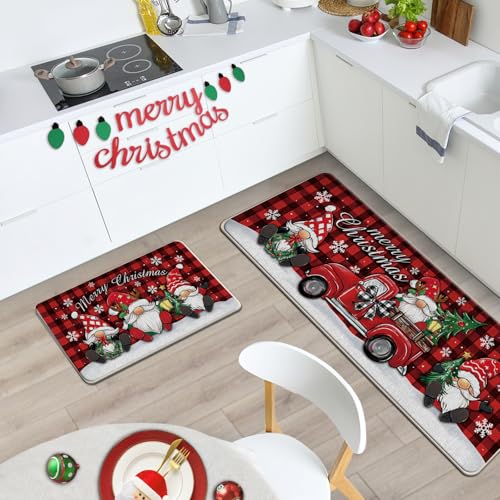 Livcoz Gnome Truck Christmas Kitchen Rugs Set of 2 - Holiday Non-Slip Decor