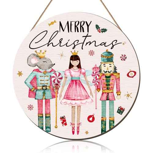 Pink Nutcracker Decor Christmas Nutcracker Front Door Sign Soldier Mouse Ballet Girl Wood Door Hanger for Farmhouse Holiday Indoor Outdoor Wall Hanging Decoration