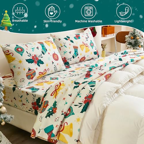 Queen Christmas Bedding Sheet Set - 4 Pieces with Deep Pocket Fitted Sheet, Patterned Holly & Bells