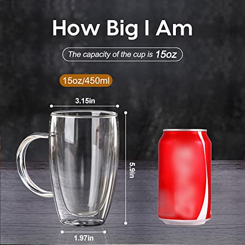 Fornzii 15 Oz Double Walled Glass Coffee Mugs with Glass Lids - Set of 2
