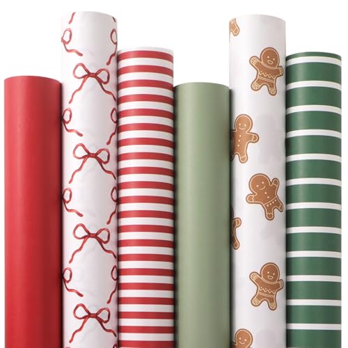Ribbli Christmas Wrapping Paper 6 Rolls Vintage Matte Gift Wrap with Gingerbread Men, Bows, Red & Green Stripes – 30" x 10 ft (Pack of 1: White/Red/Green)