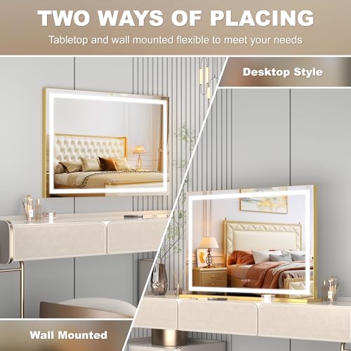 Gold 32x22 Inch LED Lighted Vanity Mirror with Dimmable Touch Control