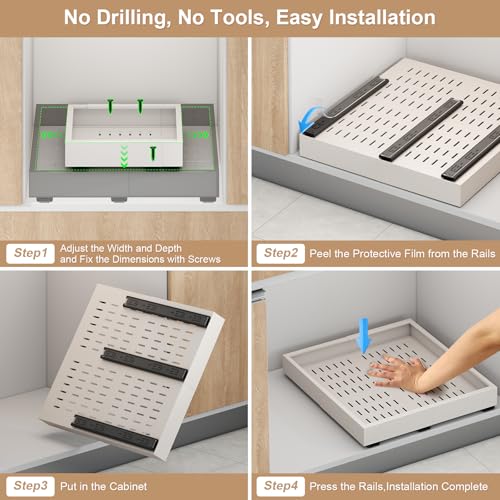Fokyfok White Pull Out Cabinet Organizer 11-16W x 17-24D Expandable Adhesive