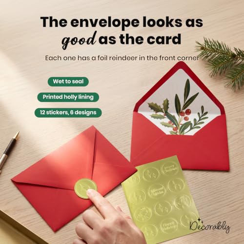 Decorably 12 Pack Foiled Reindeer Christmas Cards 5x7 with Envelopes