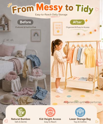 Homde Bamboo Kids Clothes Rack 66 lb Capacity Foldable Wardrobe Organizer
