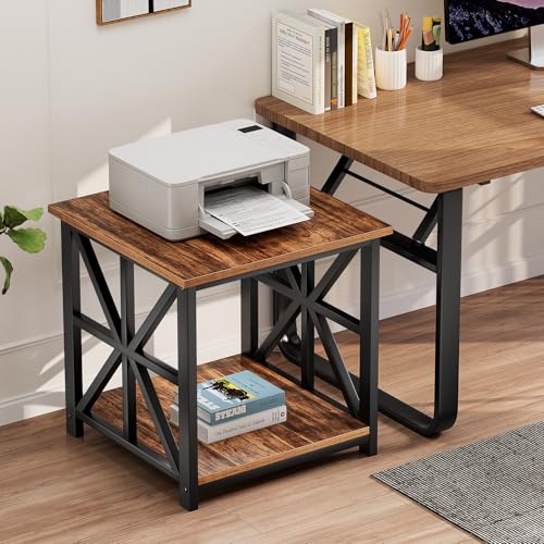 GreenForest Walnut 24-Inch Large End Table with X-Shaped Metal Frame, 2-Tier Storage