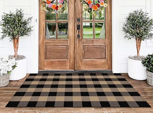 Khaki Black Buffalo Plaid Outdoor Rug 3'x5' Farmhouse Door Mat - Washable, Durable Welcome Mat