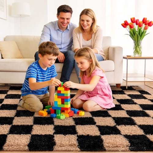 8x10 Black & Beige Fluffy Checkered Rug - Soft Microfiber Living Room & Bedroom Accent with Anti-Slip Backing - Variation: Black & Beige / 8' x 10'
