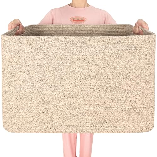Extra Large Cotton Rope Storage Basket - Oatmeal Brown, 112L, 25x17x16 Inches, Living Room & Laundry Organizer