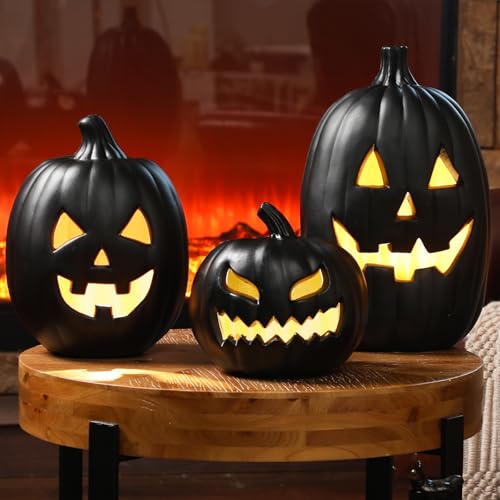 Black Halloween Jack O Lantern Decoration Set with LED Lights - 3 Pieces