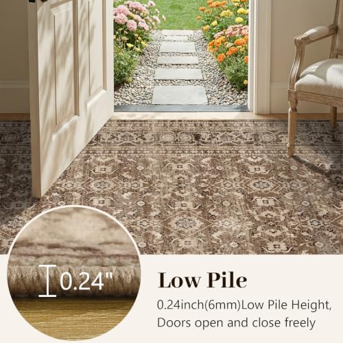 6' x 9' Rectangular Area Rug - Vintage Floral Design, Non-Slip, Machine Washable, Brown