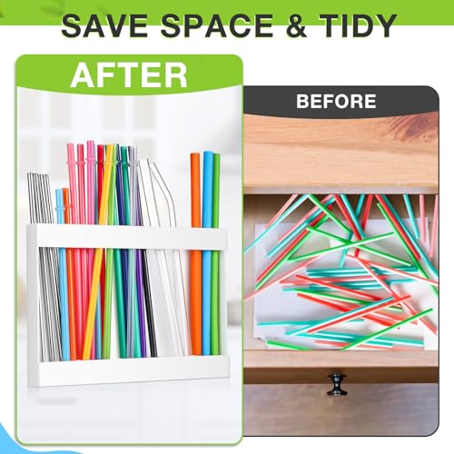 Qinyoung Acrylic Straw Holder for Cabinet Door with Double Sided Adhesive Tape Reusable Straw Organizer Tumbler Storage Kitchen Accessories Container for Counter Cupboard(Classic,Extra Large,White)
