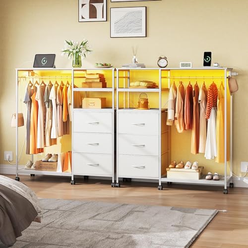 WLIVE White LED Dresser with 3 Drawers & Hanging Rack for Bedroom