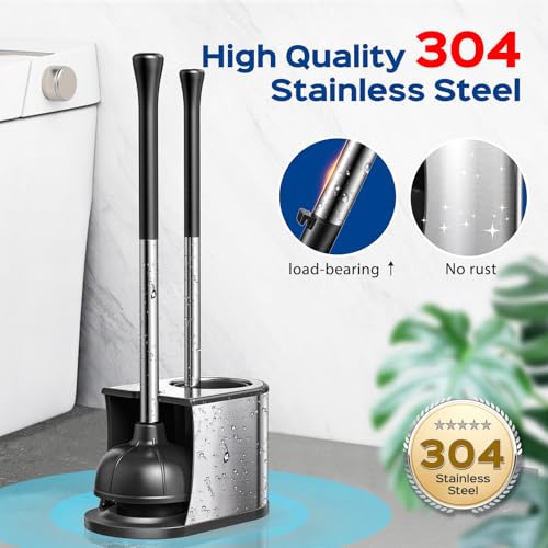 Toilet Plunger and Brush Set with Stainless Steel Handle - 2 Pack