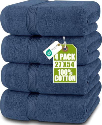 Premium Cotton Bath Towels Set - 4-Pack, 27x54 Inches, Navy Blue