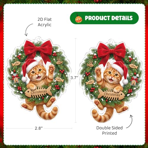 WaaHome Cat-5 Orange Tabby Christmas Ornament with Santa Hat – Lightweight Acrylic Gift for Cat Lovers
