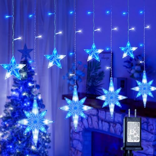 BEEWIN Blue White 126 LED Star Icicle Outdoor String Lights with Bethlehem & Small Stars