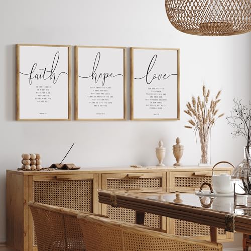 16x24 Inch Framed Religious Wall Art Set - Faith Hope Love Bible Verses Farmhouse Decor Brown Variation