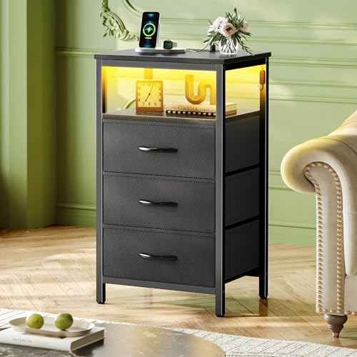 Huuger Nightstand with Charging Station & LED Lights - Black, 3 Drawers, 15.7 x 11.8 x 27.6 inches