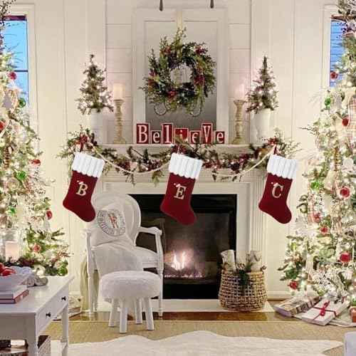 20 Inch Personalized Christmas Stocking,Red Velvet with Embroidered Initial,Holiday Xmas Party Decor Letter A