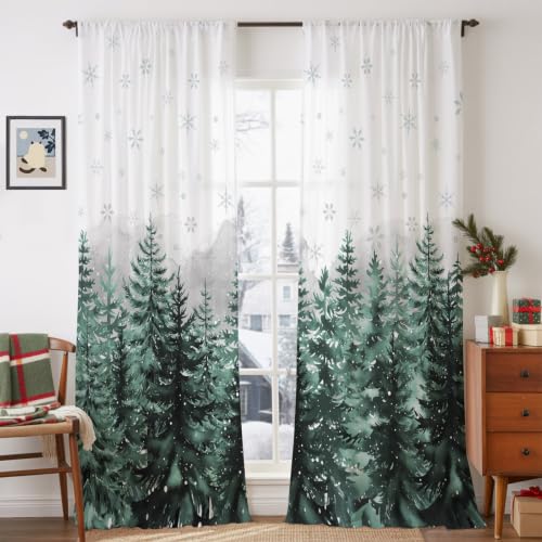 Tersuger 52"W x 96"L Christmas Tree Forest Semi Sheer Curtains - Pack of 2