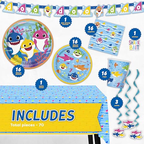 Baby Shark Party Decorations Set with Banner, Tablecloth, Swirls & Decals