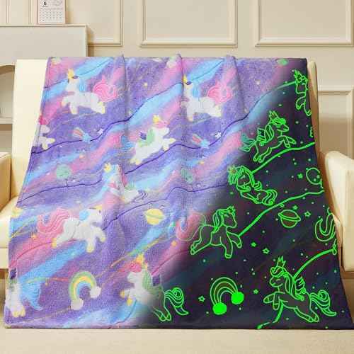 Unicorns Gifts Toys for Girls,Glow in The Dark Unicorns Blanket, Birthday Presents Decor for Kids Age 3-14 Year Old Daughter Teen Child Toddler Luminous Christmas Bedroom Throw Blanket 50"x60"